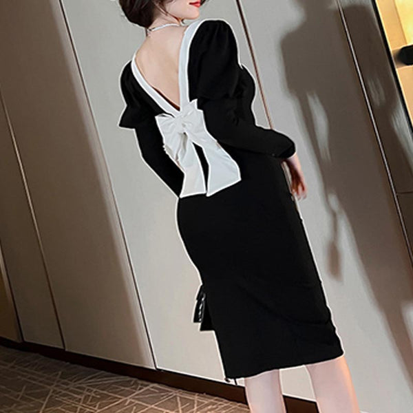 Retro patch backless  long sleeve square neck party dresses