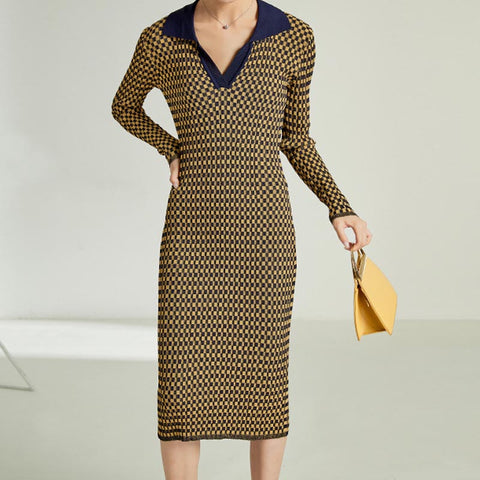 Vintage plaid v-neck long sleeve knitting bodycon dresses