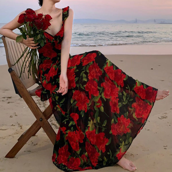 Luxe deep v-neck floral print big hem beach long dresses