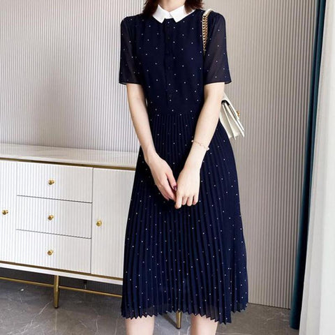 Sweet dot laopel short sleeve pleated dresses