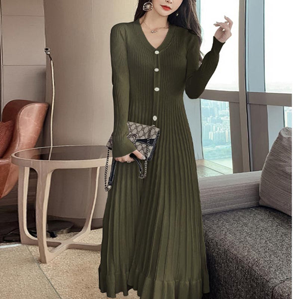 Elegant long sleeve v-neck knitted pleated ruffle dresses