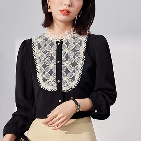 Stylish patch mock neck long sleeve beaded blouses