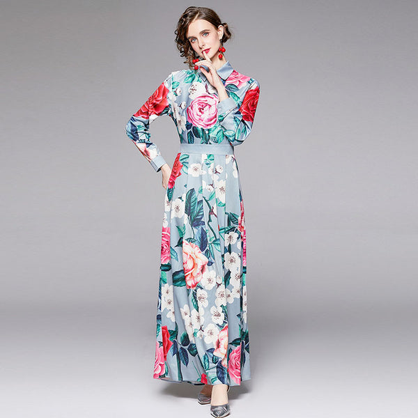 Turn-down collar floral maxi dresses