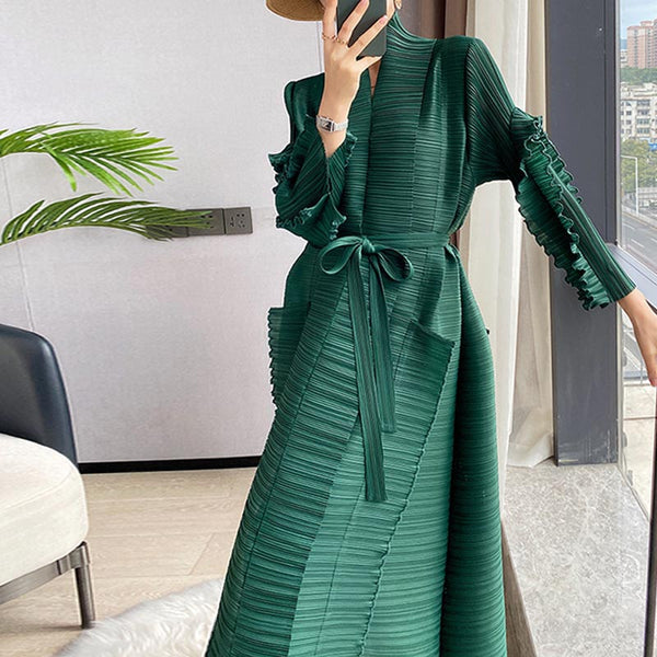 Chic shirred long sleeve belted long dresses