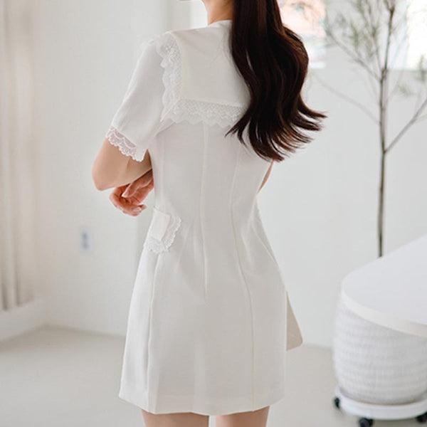 Solid splicing v-neck double breasted slim dresses