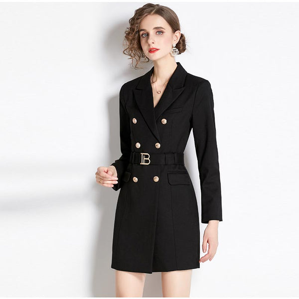 Stylish solid lapel long sleeve belted blazers dresses