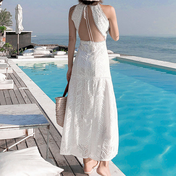 Boho halter neck split white beach dresses