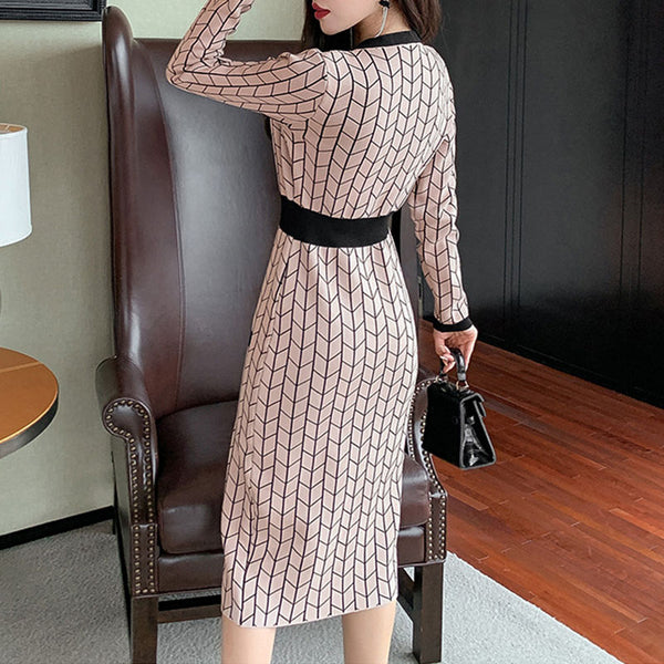 V-neck color blocked knitted bodycon dresses