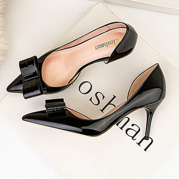 Bowknot solid patent leather pointed toe high heels
