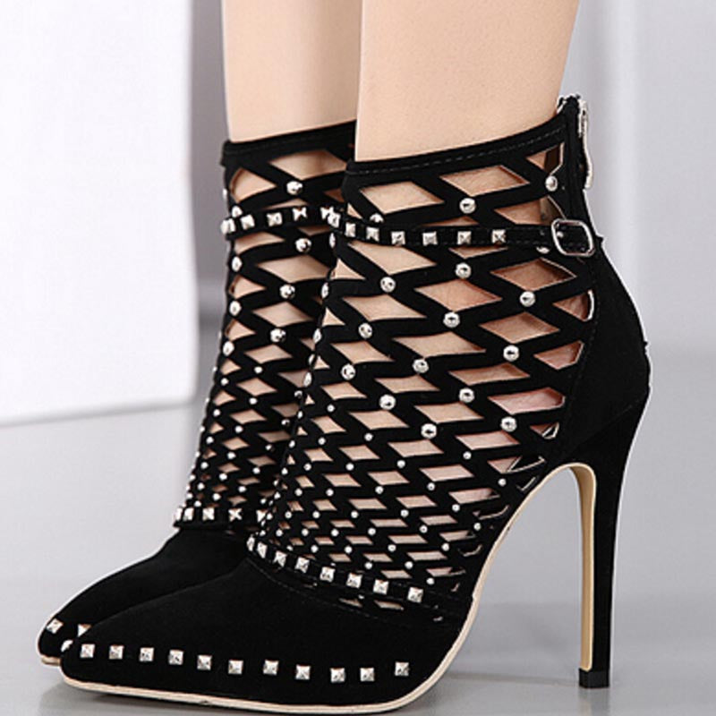 Pointed toe openwork rivet boots