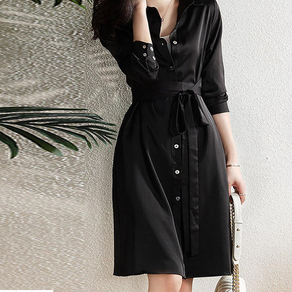 Solid lapel long sleeve belted shirt dresses