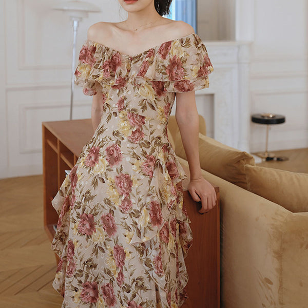 Retro off-the-shoulder floral maxi dresses