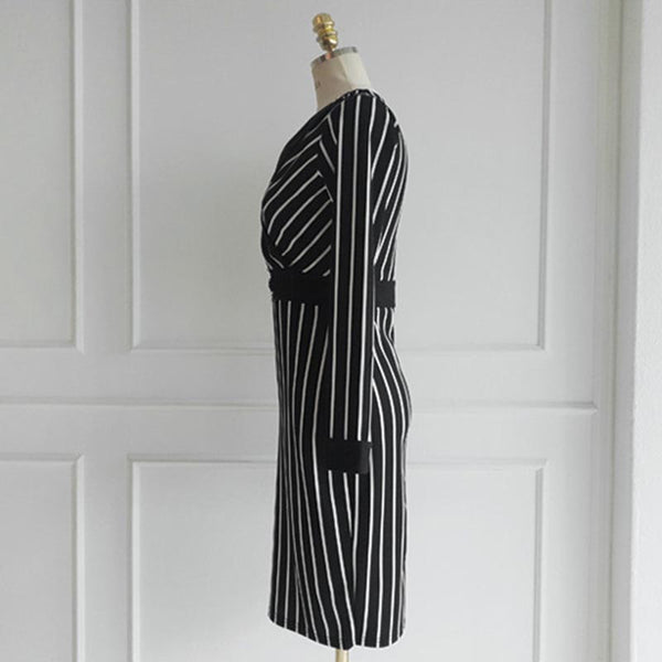 V-neck striped belted bodycon dresses
