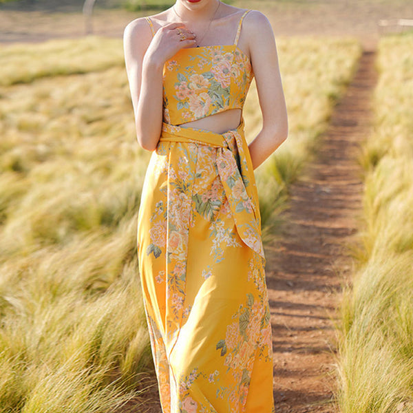 Vintage yellow print openwork slip dresses