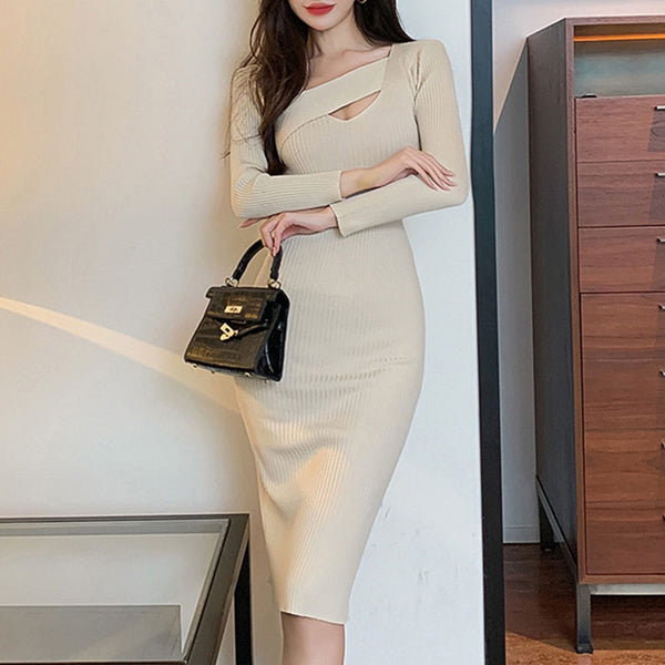 Long sleeve solid knitted bodycon dresses