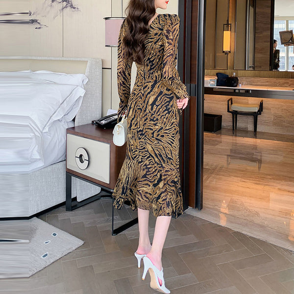 V-neck leopard long sleeve chiffon dresses