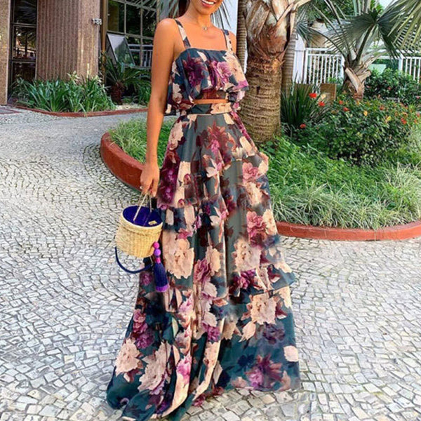 Sexy print square neck sleeve top maxi skirt suits