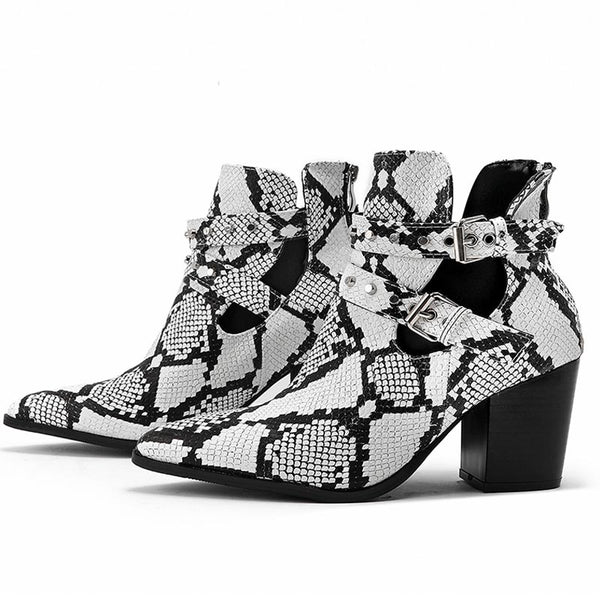 Stylish snake pattern metal buckle chunky heels ankle boots