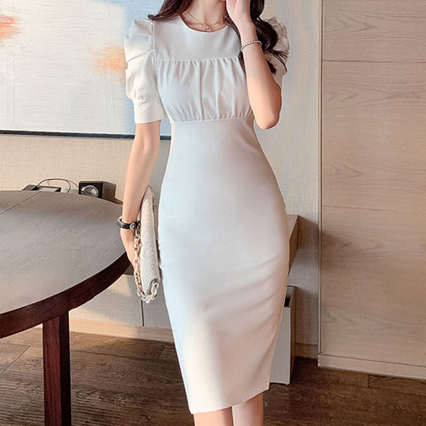 Sexy solid crew neck puff sleeve shirred bodycon dresses