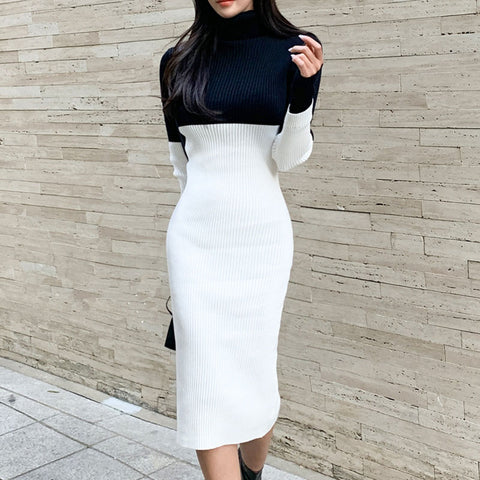 Turtleneck stretchy knitted dresses