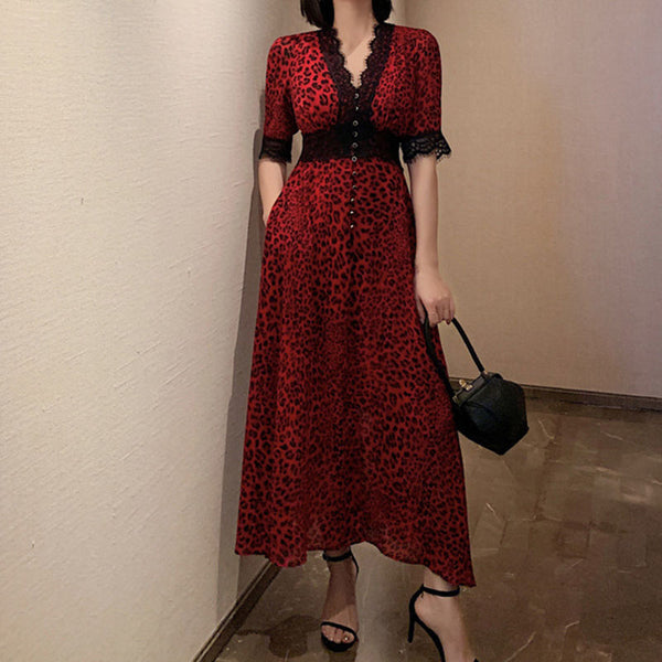 Red v-neck lace patchwork leopard maxi dresses