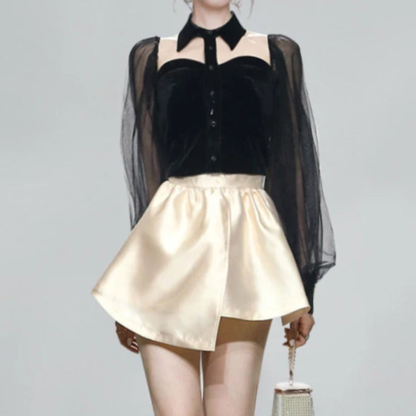 Lantern sleeve mesh patchwork irregular skirt suits