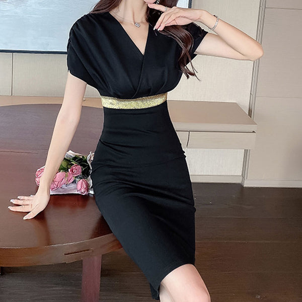 Black raglan sleeve cinched waist bodycon dresses