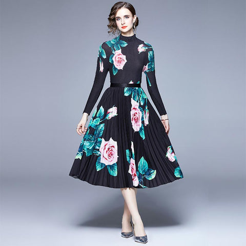 Vintage flower print mock neck tops and flower a-line pleated skirts suits