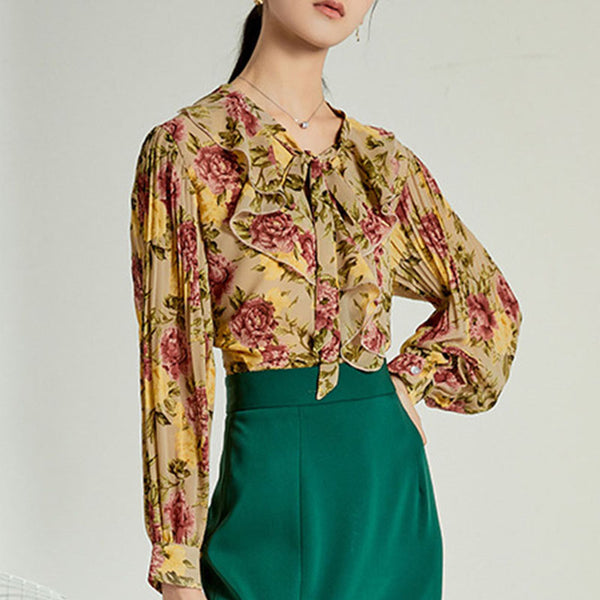 Print chiffon pullover long sleeve blouses
