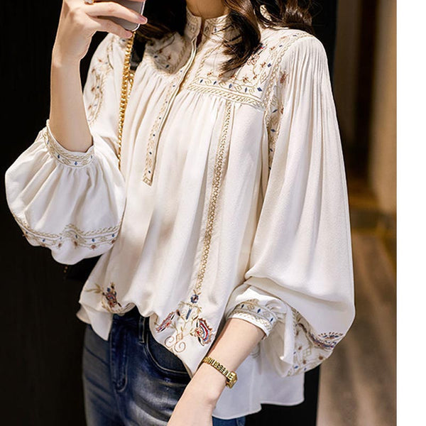 Bohemian print mock neck lantern sleeve blouses