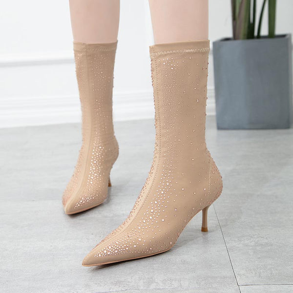 Rhinestones pointed toe thin heels boots