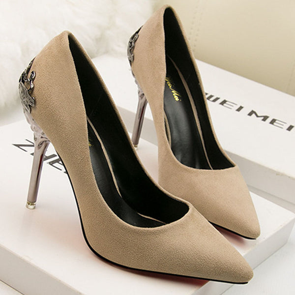 Suede metal openwork stiletto heels