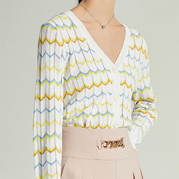 Color contrast wave v-neck long sleeve knitting cardigans