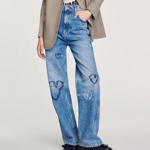 Women's hearts embroidered baggy jeans
