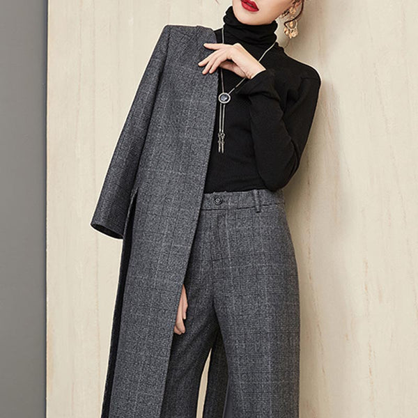 Elegant plaid split woolen coats and high waist wide leg pants suits