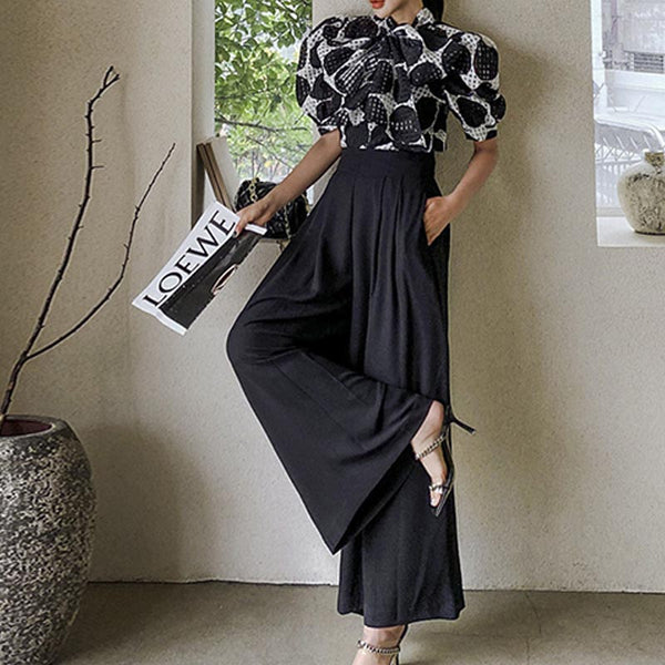 Dot tie neck puff sleeve blouses and solid high waist wide leg pants suits
