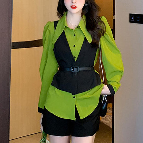 Stylish patch  lapel long sleeve blouses with belts and short pants suits