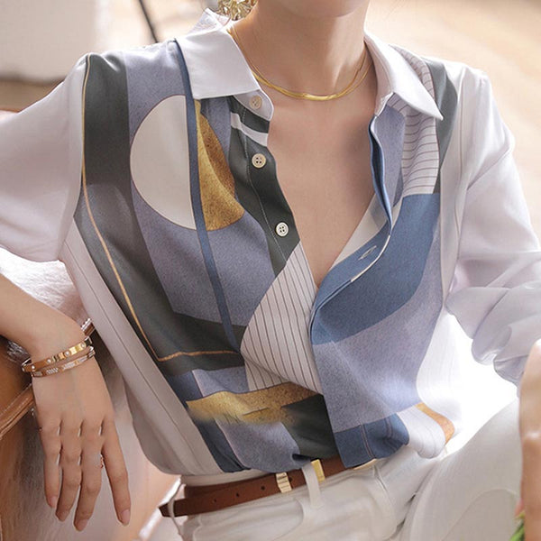 Stylish satin print long sleeve lapel blouses
