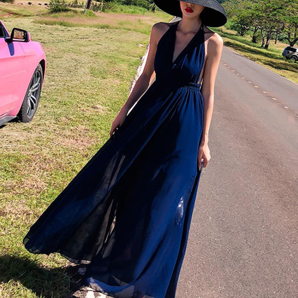 Solid halter neck split maxi dresses