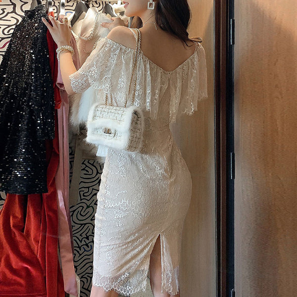 Sweet white slim lace sheath dresses