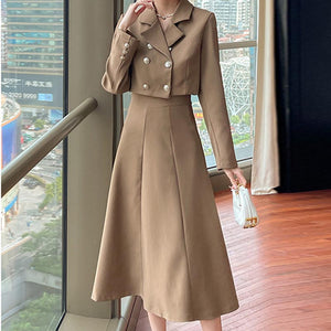 Solid lapel long sleeve short blazers and high wasit a-line skirts suits