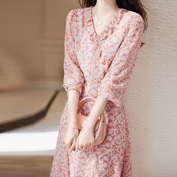 V-neck long sleeve flora midi dresses