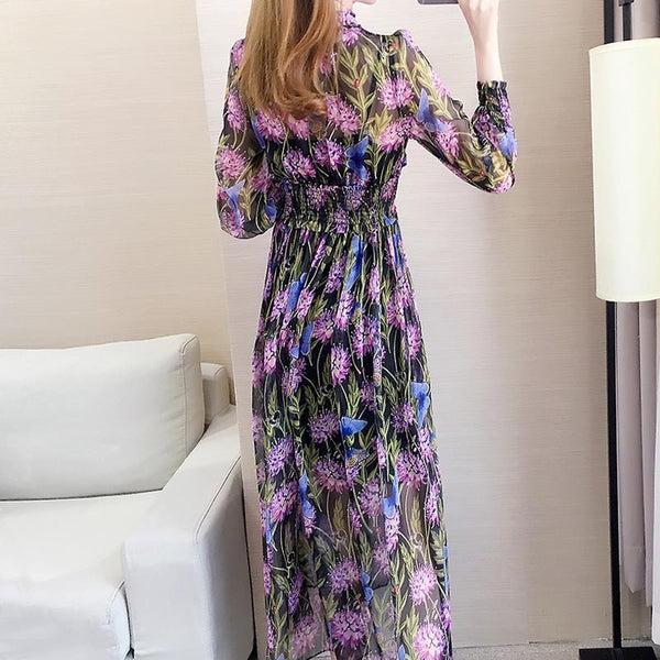 Fashion print mock neck long sleeve maxi dresses