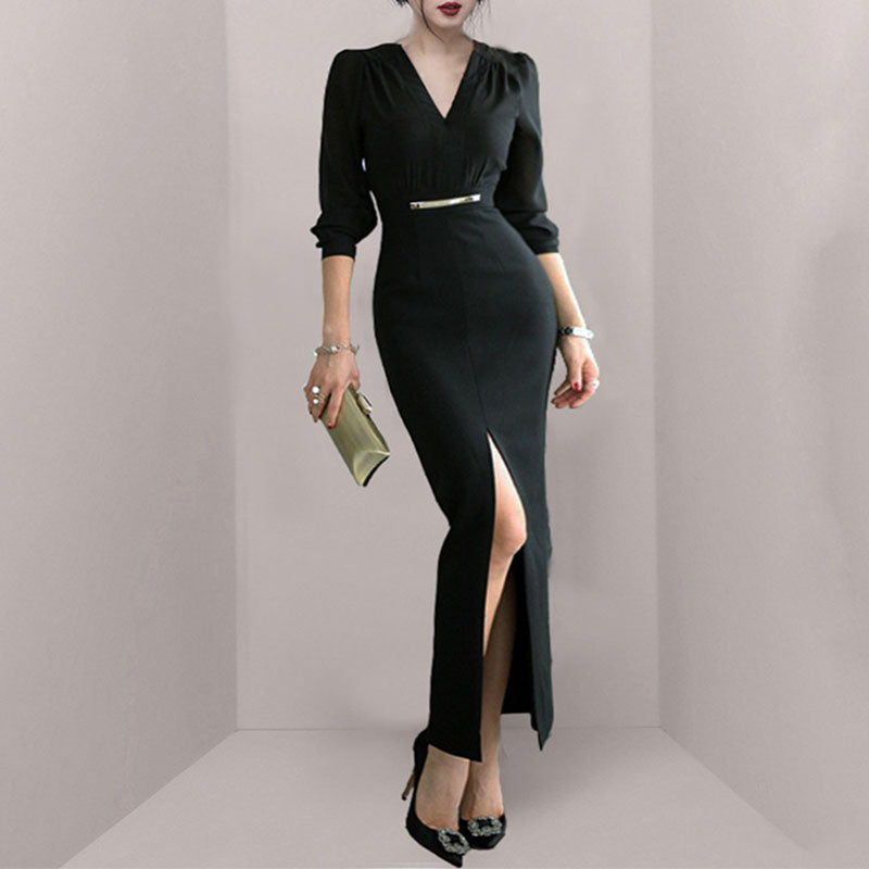 V-neck long sleeve black sheath dresses