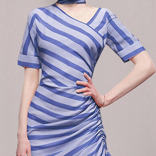 Sexy irregular stripe short sleeve drawstring party dresses