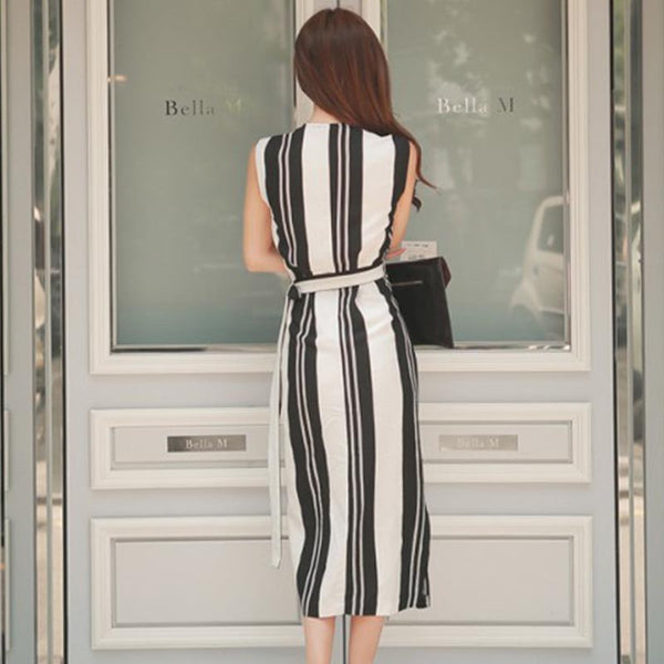 Striped v-neck belted asymmetric sheath dresses