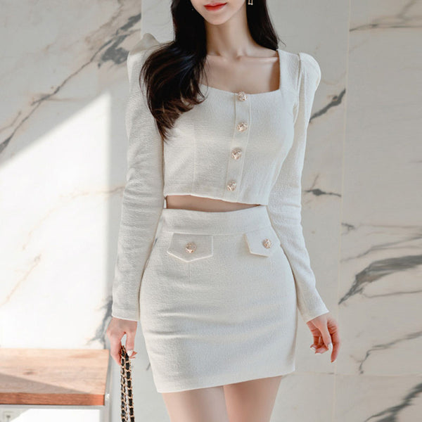 Square neck long sleeve tops with mini skirts
