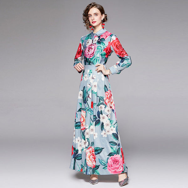 Turn-down collar floral maxi dresses
