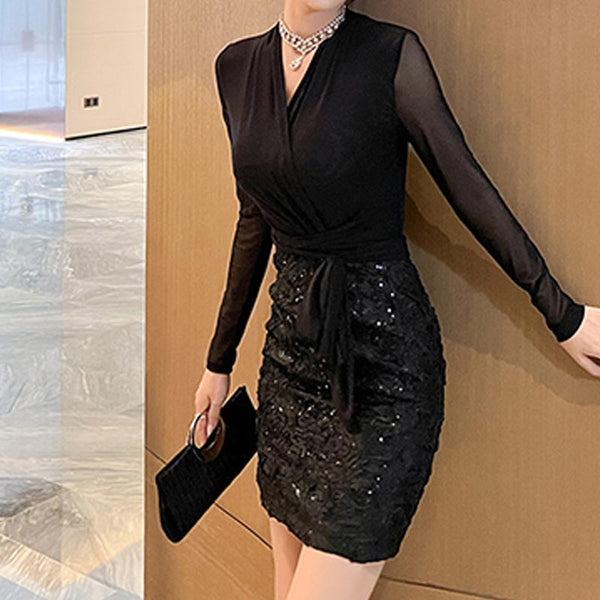 Sexy v-neck long sleeve patch sequin bodycon skirts