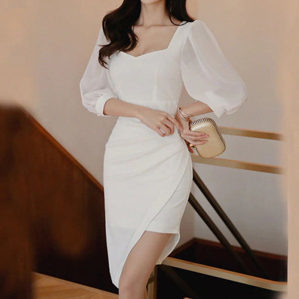 Office fashion square neck  lantern sleeve bodycon dresses